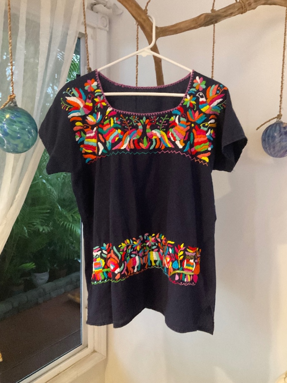 Embroidered Black Short-Sleeve Peasant Top with Multicolor Floral Detail